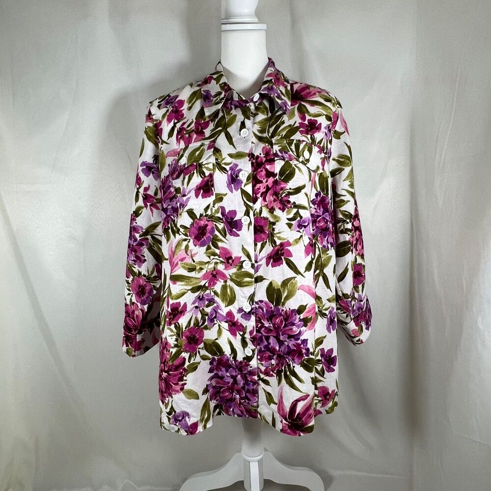 Jones New York Sport Woman 100% Linen Floral Romantic Button Front Shirt Sz 1X